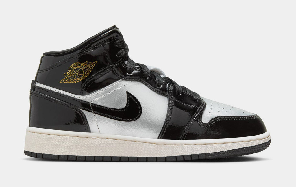 Air Jordan 1 Mid SE Grade School Lifestyle Shoes (Black/Metallic Gold/Metallic Silver/Sail/Pure Platinum)