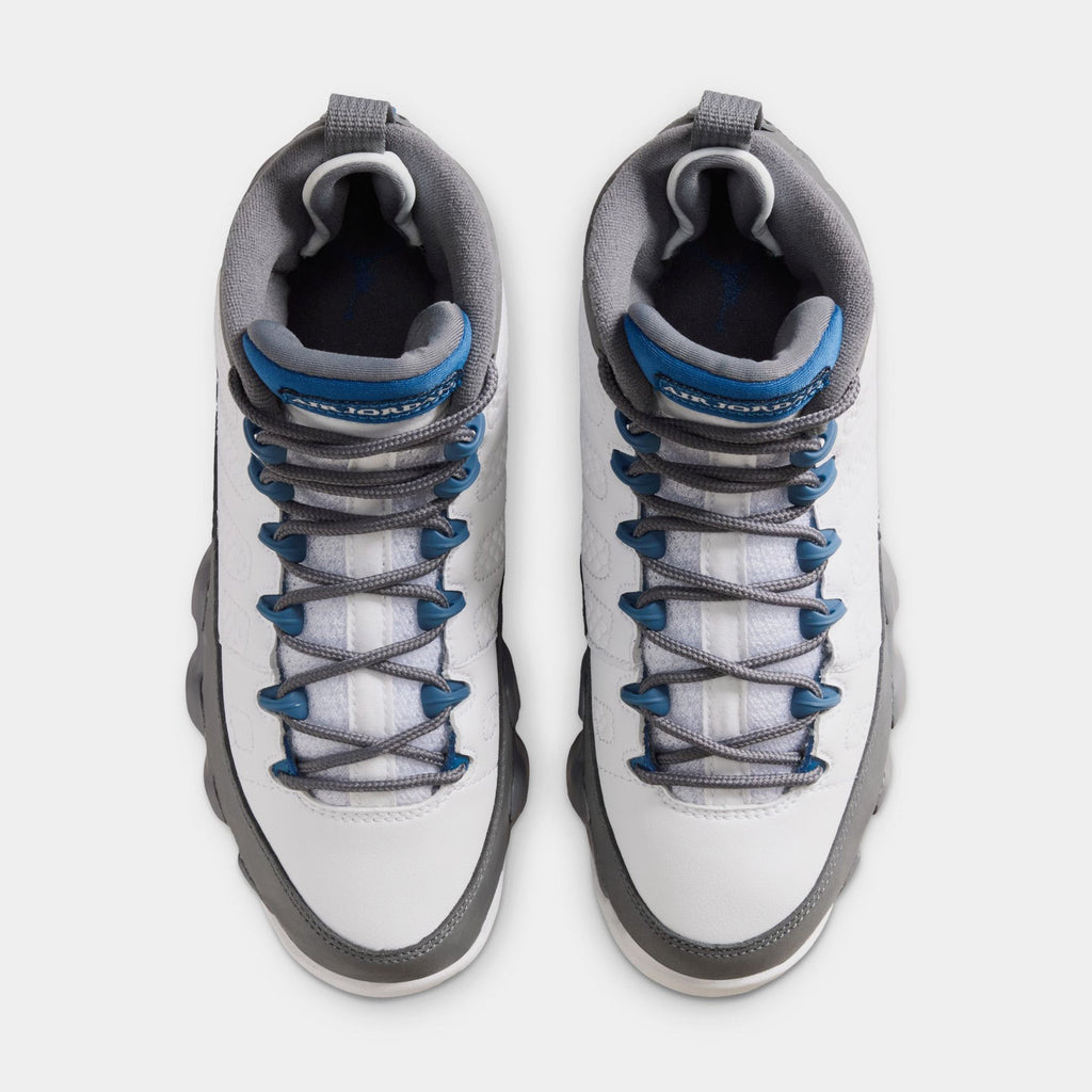 Air Jordan 9 Retro Flint Grey and French Blue Grade School Lifestyle Shoes (White/French Blue/Flint Grey)