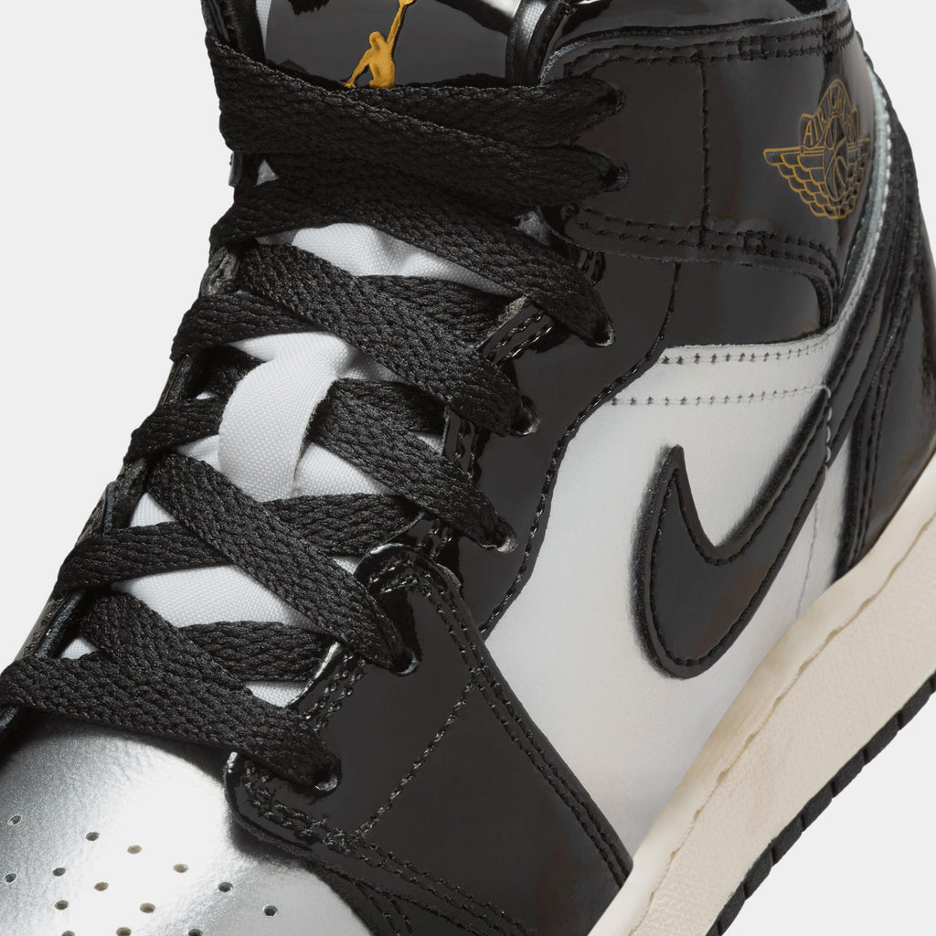 Air Jordan 1 Mid SE Grade School Lifestyle Shoes (Black/Metallic Gold/Metallic Silver/Sail/Pure Platinum)