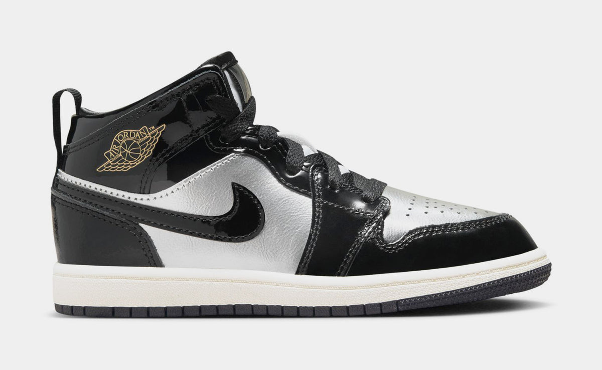 Air Jordan 1 Mid SE Preschool Lifestyle Shoes (Black/Metallic Gold/Metallic Silver)